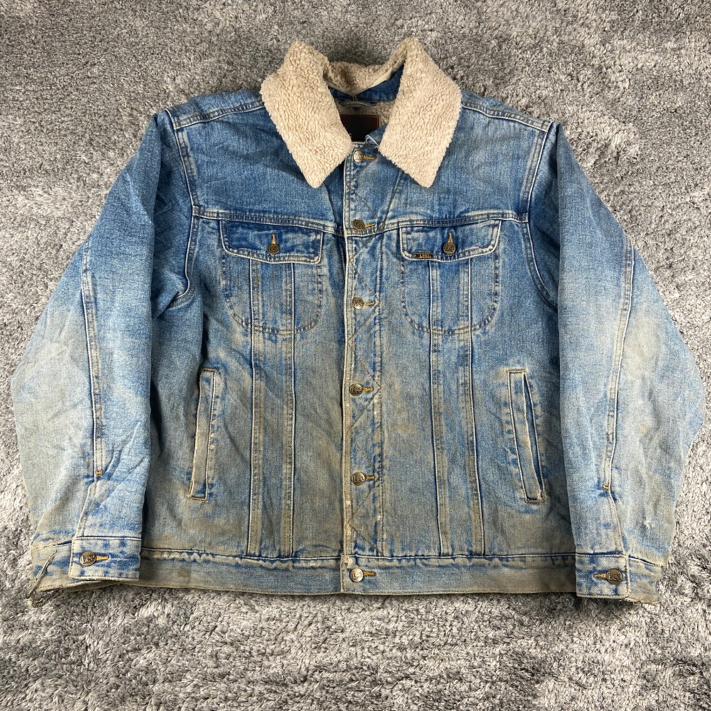 Vintage Lee Denim Jacket Mens‎ XL Blue Sherpa Lined Distressed Workwear Trucker